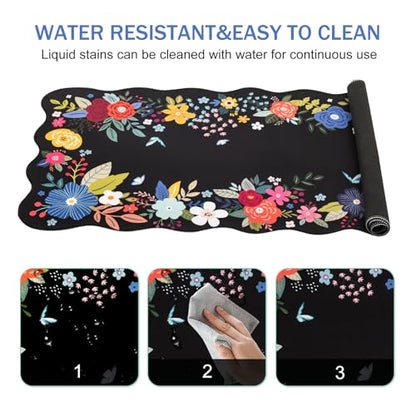 L-SPOUTTO Floral Mouse Pad, Black Scalloped Desk Mat XXL Gaming Mousepad | Botanical Large 35.4x15.7in Non-Slip Rubber Base Keyboard Pad Waterproof Desktop Mat for Laptop Computer Game Home Office - color: Black Floral