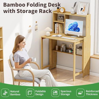 Folding Desk for Small Spaces, Bamboo Foldable Desk with Bookshelf, Natural - color: Natural, size: 47.24"H x 21.65"D x 32.28"W