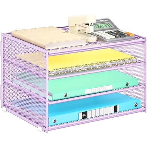 Lavatino 3-Tier Letter Tray Desk Organizer – Purple Mesh Metal Paper File Tray Organizer for Desk, Office Supplies & Home Organization | Fits A4/Letter Paper, Mail, Magazines and Office Accessories - color: 4-tier No Handle - Purple