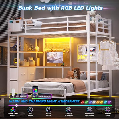 DICTAC Bunk Bed with L-Shaped Desk,5 Storage Drawers and 2 Shelves Metal Twin XL Over Twin Bunk Bed with LED Lights and Charging Station,bunk Beds with Safety Guardrail & Ladder,Space-Saving,White - color: White, size: Twin XL Over Twin