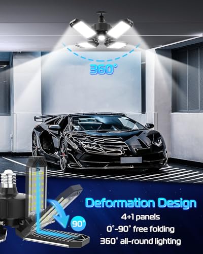 Garage Light - 8PACK 130W 13000LM Deformable 4+1 Panel LED Garage Ceiling Lights with LED Transformer, E26/27 Base, 6500K Daylight White Shop Light for Factory, Storage Room, Warehouse