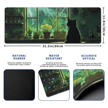 Green Black Cat Mouse Pad Abstract Green Mouse Pad 31.5x11.8 Inch Cat Texture Non-Slip Rubber Base Large Mousepad Stitched Edges Keyboard Mouse Mat Desk Pad for Office and Home - color: Green black cat