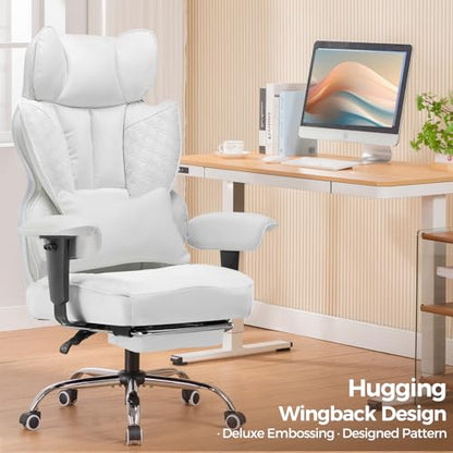 GTPLAYER Big and Tall Gaming Chair 400lbs Heavy Duty Office Chair with Foot Rest & Ergonomic Pocket Spring Lumbar Support, High Back 3D Saddle Shaped Cushion for Back Pain Relief, White - color: White