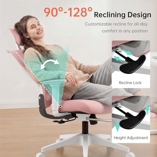 Ergonomic Foldable Office Chair with Footrest and Lumbar Support, Pink | Compact desk chair with space-saving folding design, 2D headrest, 2D armrests, computer cahirs for home office - color: Pink