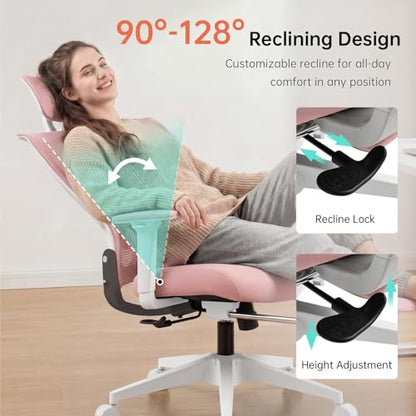 Ergonomic Foldable Office Chair with Footrest and Lumbar Support, Pink | Compact desk chair with space-saving folding design, 2D headrest, 2D armrests, computer cahirs for home office - color: Pink