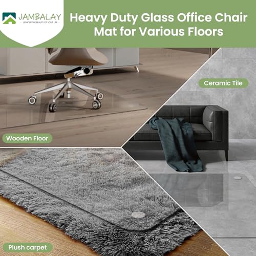 JAMBALAY 55″×46″ Tempered Glass Chair Mat, Heavy Duty Glass Office Floor Mat for Carpets and Wooden Floor, with 12 Anti-Slip Pads, Polished Edges and Round Corners, Easy Roll On, Thick 0.2″ - size: 55"x46"-No Lip