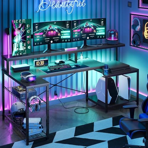 Bestier 71.5 Inch L‑Shaped Gaming Desk with LED & Power Outlets, Black | Large Desk with Monitor Stand, Adjustable Shelf & Printer Stand, Cup Holder, Headset Hooks for Gaming & Home Office - color: Black Carbon Fiber