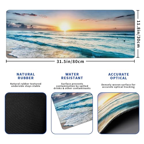 Sunrise Beach Mouse Pad Abstract Sea Mouse Pad 31.5x11.8 Inch Japanese Texture Non-Slip Rubber Base Large Mousepad Stitched Edges Keyboard Mouse Mat Desk Pad for Office and Home - color: Sunrise Beach