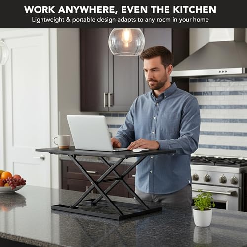 Mount-It! Standing Desk Converter 32" x 22" – Sit Stand Desk Riser with Gas Spring Lift, Slim 2.5" Low Profile, Height Adjustable Desktop Workstation, Preassembled Sit-Stand Solution for Home & Office