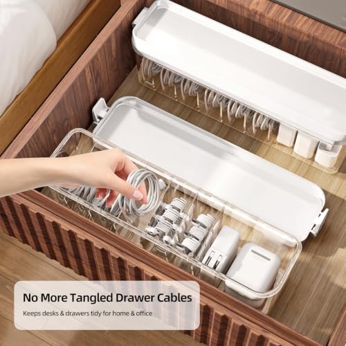 2 Pack Cable Organizer Box with Lid, Charge Cord Storage Organizer | Stackable Cable Storage Box, Fixed Dividers, No Cable Ties, Clear Dustproof Wire Management for Home Office Electronics