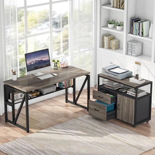 Tribesigns Grey Executive Desk with Cabinet, 55" L Shaped Computer Desk and lateral File Cabinet with Locks, 2 Piece Home Office Furniture Set for Hanging - color: Grey, size: 55 inches