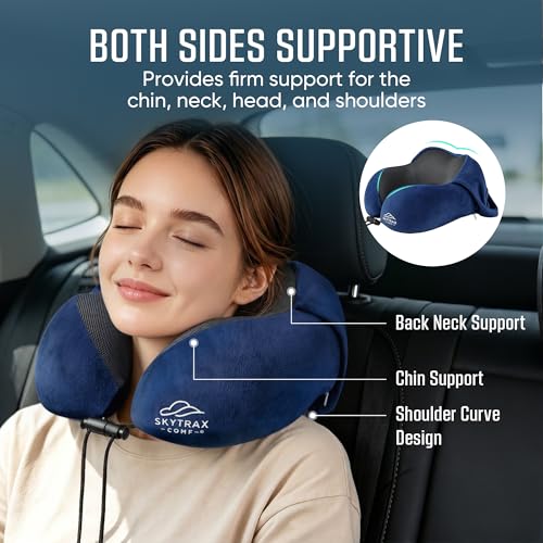 SkytraxComf® Travel Neck Pillow with Hood for Privacy on Long Flights | Memory Foam | Airplane Sleep | Safety-Tested Materials | Extra Large Hood | Chin Support | Earplugs | Washable Cover - color: Navy Blue