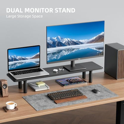 AFOOYO Dual Monitor Stand for Desk, Adjustable Height Wood Computer Riser, Ergonomic Monitor Shelf for Laptop, Printer, TV, Black - Large Storage Space, Sturdy Desk Organizer for Home & Office,Black