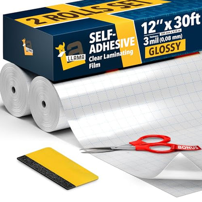 Self-Adhesive Clear Laminating Roll 12” x 30ft - 2 Pack Glossy Laminating Film 3 MIL Roll - Ideal for Crafting, Document, Stickers - color: Glossy 12" X 30ft 3 Mil 2-pack