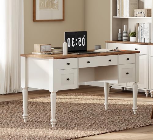 WAMPAT Farmhouse Executive Desk with Charging Station, Off White, 56 Inch - color: Off White