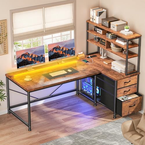 DurayLoly 55"Computer Desk with 3 Drawers & Shelf for Bedroom & Home Office - color: Brown, size: 18.9"D x 55.1"W x 59"H
