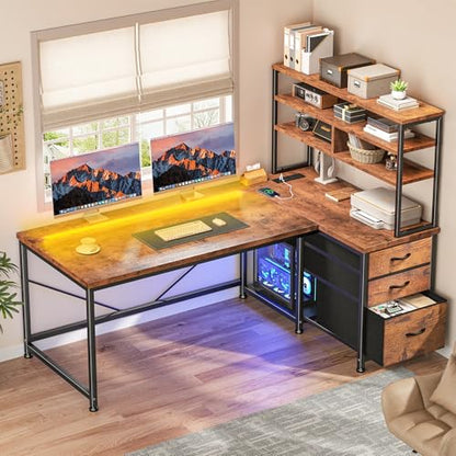 DurayLoly 55"Computer Desk with 3 Drawers & Shelf for Bedroom & Home Office - color: Brown, size: 18.9"D x 55.1"W x 59"H