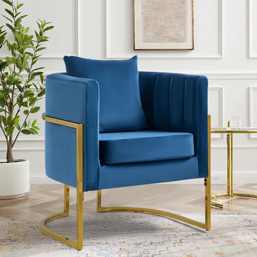 Velvet Accent Chair, Modern Barrel Arm Chair for Living Room/Bedroom/Guest Reception, Upholstered Club Armchair with Pillow & Gold Base, Navy Blue - color: Navy Blue, size: 1 PC