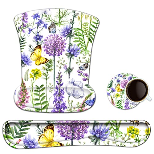 Keyboard Pad Wrist Rest Mouse Pad, ToLuLu Gel Ergonomic Mouse Pads for Computer Laptop Office, Mousepad Keyboard Wrist Support Memory Foam for Easy Typing & Pain Relief, Purple Floral Yellow Butterfly - color: Purple Floral Yellow Butterfly