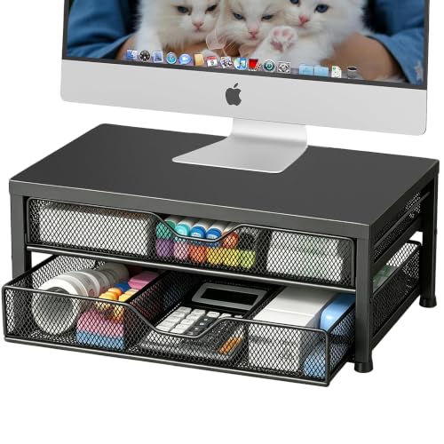 OPNICE Desk Organizer and Accessories, 2-Tier Computer Monitor Stand Riser with 2 Drawer, Laptop Stand, Office Desk Accessories for Office Supplies, Black - color: Black, size: 14 x 9.1 x 5.6 (2 Drawers)