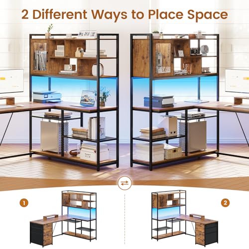 SEDETA 58'' L Shaped Computer Office Desk with 3 Drawers and Bookshelf - color: Rustic Brown
