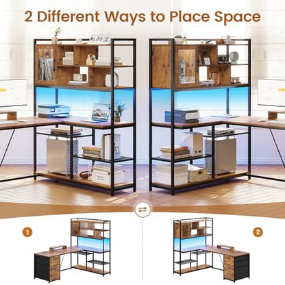 SEDETA 58'' L Shaped Computer Office Desk with 3 Drawers and Bookshelf - color: Rustic Brown