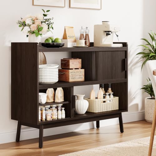 ONBRILL 44" Sideboard Buffet Cabinet with Outlet & Sliding Door, Brown - color: Brown, size: 44"