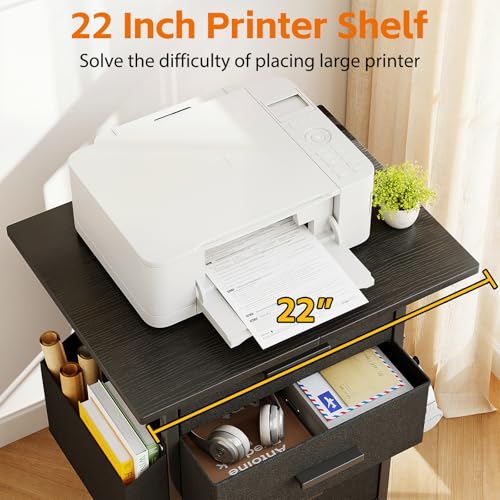 Mexin 3 Drawer File Cabinet with 22'' Extended Desktop, Mobile Filing Cabinet, Printer Stand, Rolling Printer Stand with Side Bag, Fabric Drawer, Fits A4 Size, Home Office, Black - color: Black