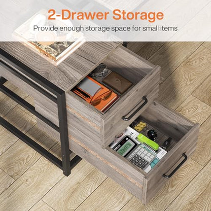 Tribesigns 55 Inch Computer Desk with 2 Drawers and Storage Shelves, Rustic Office Desk with Hutch, Study Writing Gaming Table Laptop Workstation for Home Office (Grey) - color: Grey