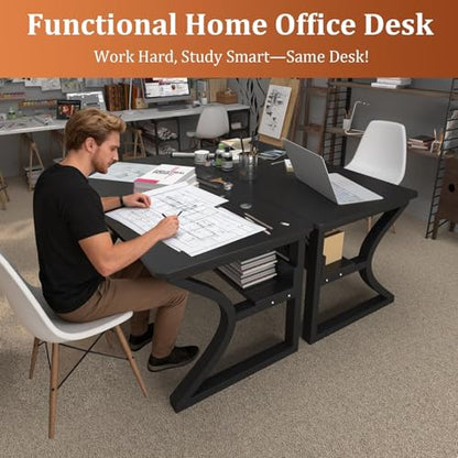 55'' Computer Desk w/Storage & Cable Management, Home Office Desk w/Sturdy U-Shaped Metal Frame & Water-Resistant Scratchproof Surface, Study Writing Desk for Office & Bedroom, Black - size: 55inch-Black
