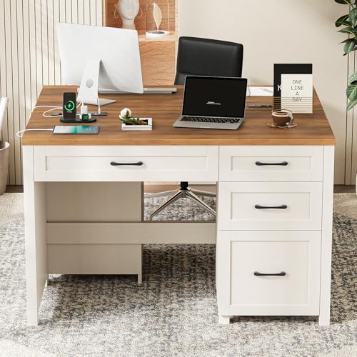 Farmhouse 47" Executive Desk, Computer Desk with File Drawer, Unique White - color: Unique White, size: Right Mounted