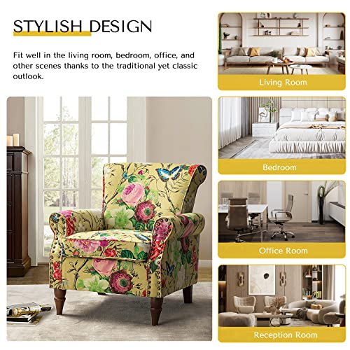 HULALA HOME Traditional Floral Accent Chair with Solid Wood Legs, Mustard | Comfy Upholstered Armchair Reading Chair with Rolled Armrests, Nailhead Trim, Removable Cushion, for Living Room Bedroom - color: Mustard