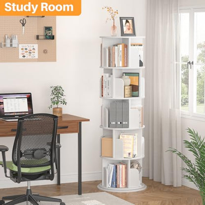 Aheaplus 5 Tier Wood Rotating Bookshelf, 360° Spinning Book Shelf Tower - color: White, size: 5-Tier