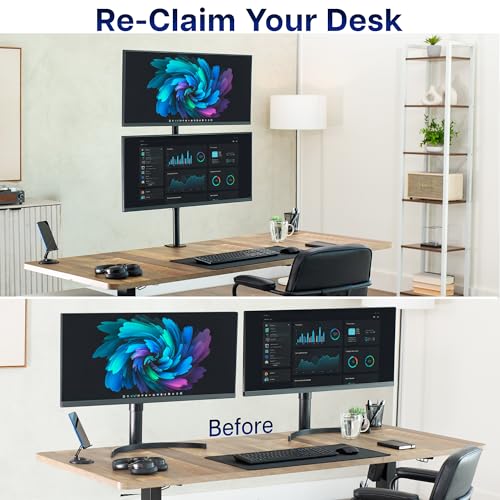 VIVO Dual Vertically Stacked Monitor Desk Mount, Extra Tall Adjustable Stand for 2 Ultrawides up to 34 inches, 22 lbs Capacity, Black, STAND-V002T | Black, Adjustable Monitor Arm, Grommet or C-Clamp Mounting, Vertical Computer Stand for 2 Monitors, Holds