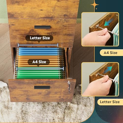 DEVAISE 3 Drawer File Cabinet with Lock, Wood Printer Stand, Rustic Brown - color: Rustic Brown