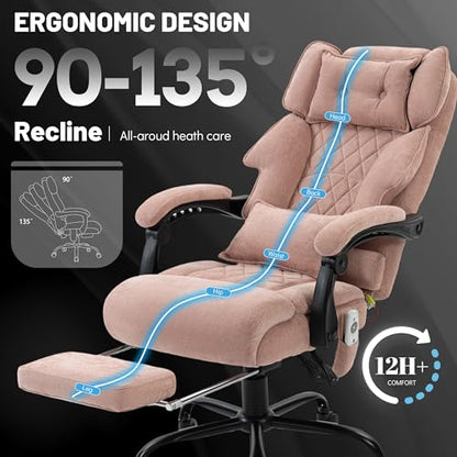 Massage Office Chair with Foot Rest,6 Points Vibration & Heat Executive Office Chairs for Heavy People,500LBS Big and Tall Office Chair,Ergonomic Reclining Desk Chair, PinkCloth - color: Pink, size: 6 Point Vibration