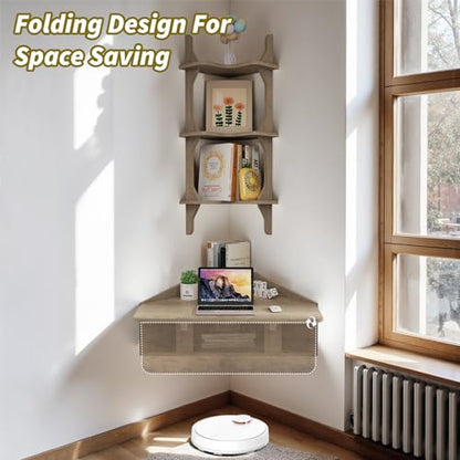 Pmnianhua Floating Corner Desk,Wall Mounted Table with Shelves,Folding Corner Shelf,Wall Corner Shelf for Small Space Computer(Rustic Grey)