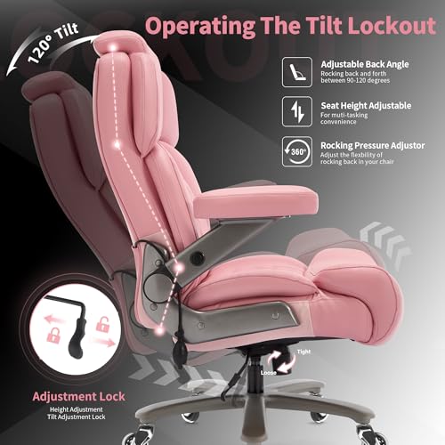 Big and Tall Office Chair 700lbs, Ergonomic High Back Computer Desk Chair | Adjustable Headrest&Lumbar Support, 3D Flip Arms, Large Wheels, Heavy Duty Metal Base, Thick Padded Wide Seat Executive Chair - color: Pink