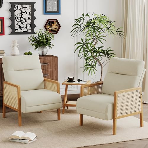 Andeworld Ivory Accent Chairs Set of 2,Upholstered Modern Living Room Chairs with Natural Rattan Arm,Side Chair for Bedroom Club Balcony Reception Room - color: Ivory, size: 2