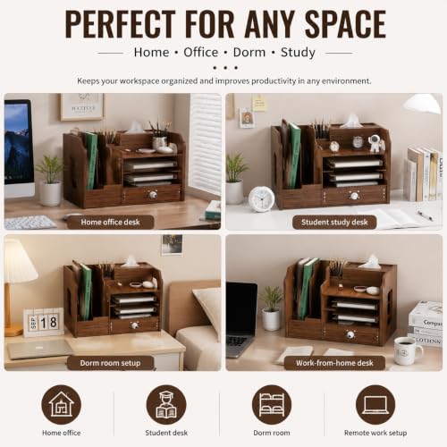 Desktop Organizer with Lockable Drawer and Keys, Desk Shelf with Tissue Box, Dual File Holders & 3-Tier Shelves, Multi-Functional Office Storage Rack 22.0×10.6×6.7 Inch for Office and Study Room
