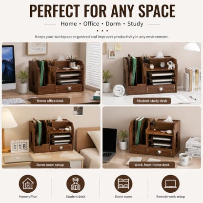Desktop Organizer with Lockable Drawer and Keys, Desk Shelf with Tissue Box, Dual File Holders & 3-Tier Shelves, Multi-Functional Office Storage Rack 22.0×10.6×6.7 Inch for Office and Study Room