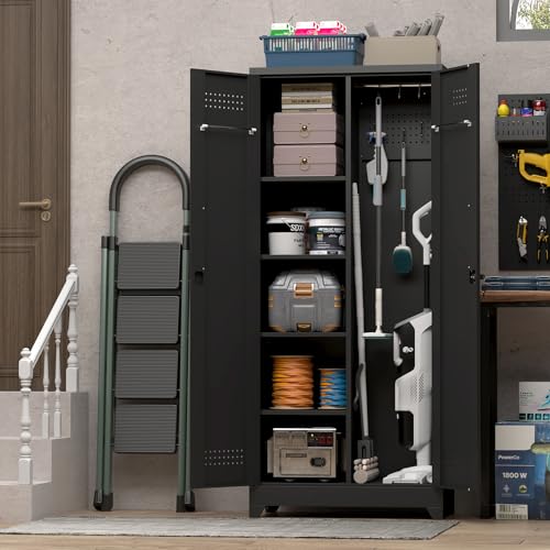 Metal Utility Closet,Broom Closet Storage Cabinet with Doors and Shelves,Locking Storage Cabinets for Home Office,Gym,Laundry,Black - size: 72"H x 31.5"W x 15.74"D-Black