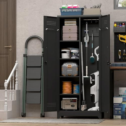 Metal Utility Closet,Broom Closet Storage Cabinet with Doors and Shelves,Locking Storage Cabinets for Home Office,Gym,Laundry,Black - size: 72"H x 31.5"W x 15.74"D-Black