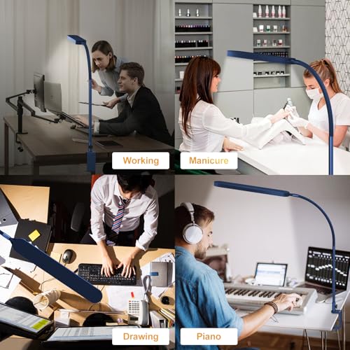 SKYLEO LED Desk Lamp - Desk Light for Home Office - Flexible Gooseneck - 5 Color Modes X 11 Brightness Levels - 1300LM - Timmer & Memory Function - 12W Clip on Light - Blue - style: Blue gooseneck