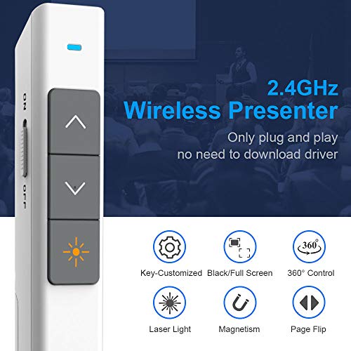 Wireless Presentation Clicker, PowerPoint Clicker with Laser Pointer | Presentation Remote for PowerPoint Presentations, Plug & Play USB Slide Advancer, Compatible with Mac/Windows/Linux/Android - color: White