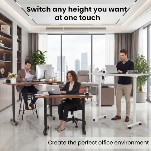 farexon 55 x 24inch Electric Standing Desk Adjustable Height with Power Outlets, Stand up Desk with Wheels,Outlets, Mouse Pad, Preset Heights Home Office Gaming Computer Workstations Table（Brown） - color: Brown, size: 55 x 24''-Outlets