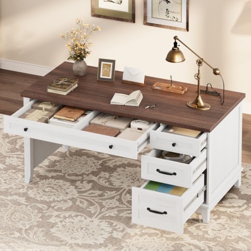 53.5" Executive Desk with Power Outlet, Home Office Desk with Drawers, Wooden Work Desk with File Cabinet, Computer Desk for Work, Study, Writing, White and Brown - color: White and Brown