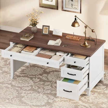 53.5" Executive Desk with Power Outlet, Home Office Desk with Drawers, Wooden Work Desk with File Cabinet, Computer Desk for Work, Study, Writing, White and Brown - color: White and Brown