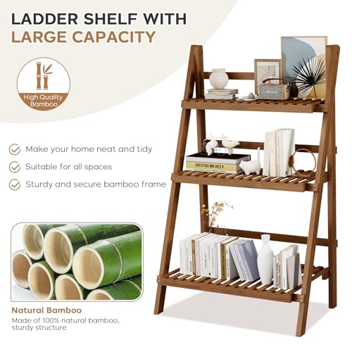 Ladder Shelf, Foldable Plant Shelf Stand, 3-Tier Bamboo Bookshelf, 39.4In - color: 3-tier Walnut
