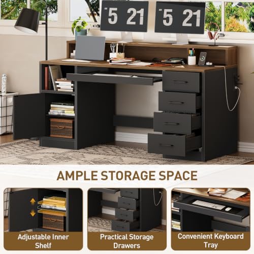 RALGEND 55" Office Desk with Drawers, Farmhouse Executive Desk with Drawers - color: Black, Walnut